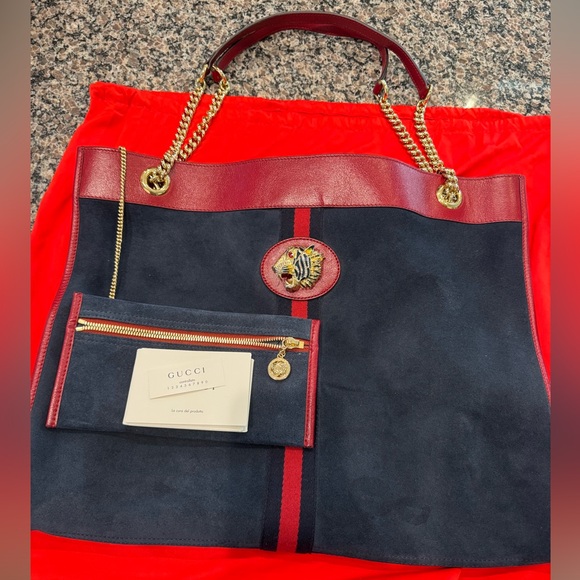 Gucci Handbags - Gucci Suede Calfskin Large Rajah Chain Tote New Blue Romantic Cherry